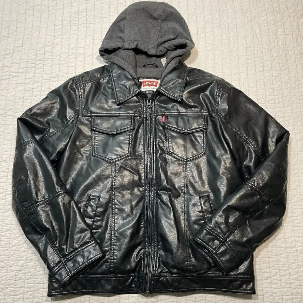 Levi's Black Leather Hoodie Sweatshirt Jacket Size M